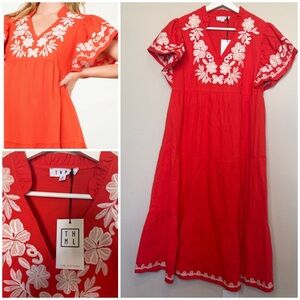 THML Orange Midi Dress with White Floral Embroidery